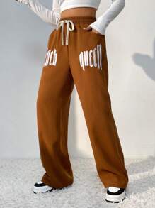 SHEIN Unity Đồ họa Chữ cái Eo dây rút Quần ống rộng - Cà phê nâu - Xem 5