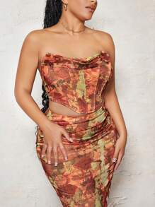 SHEIN BAE Talla grande con estampado floral Top bandeau & fruncido Falda - Multicolor - Ver 6