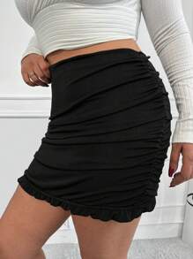 RueChic Plus Ruched Ruffle Hem Bodycon Skirt