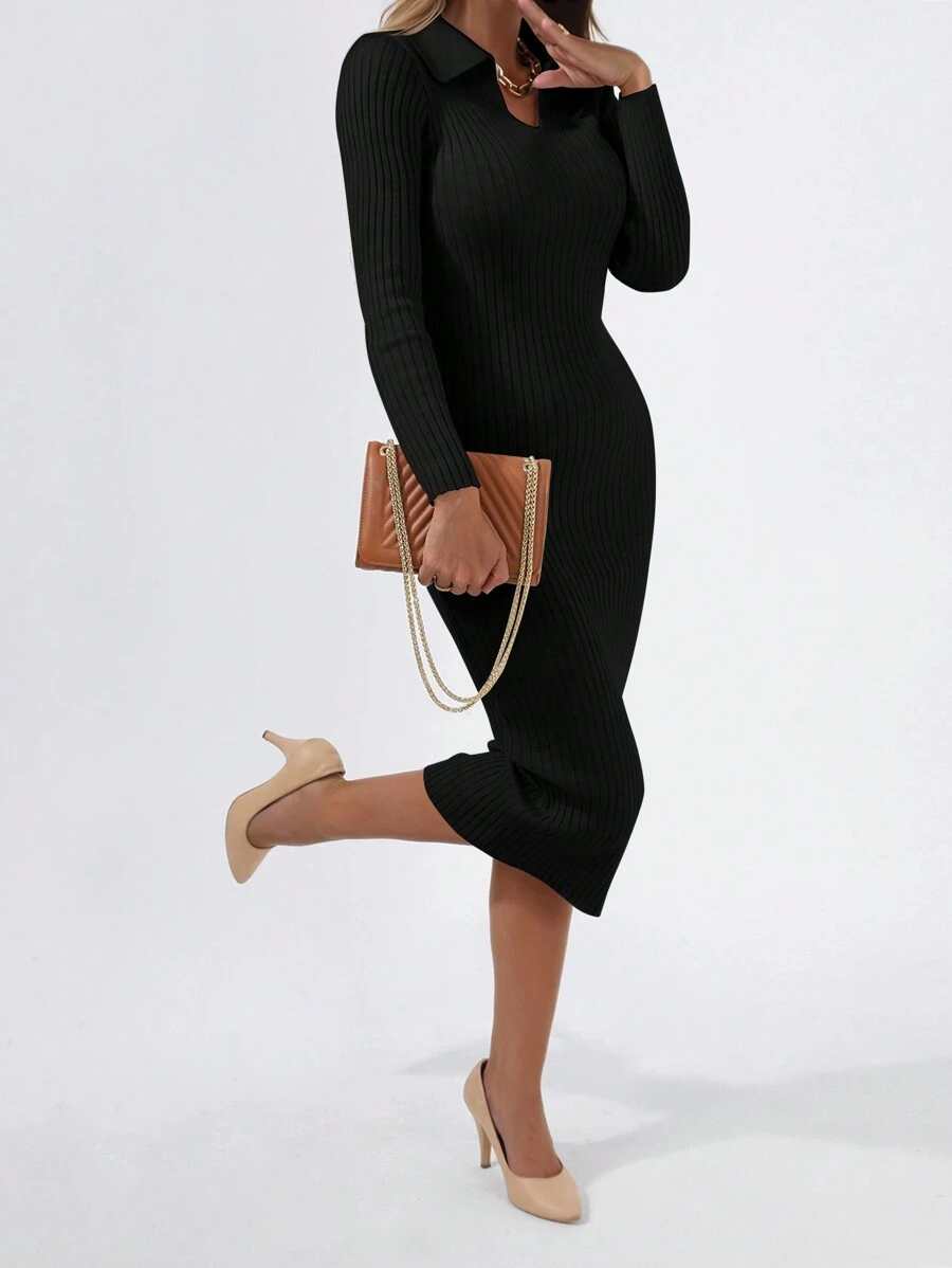 RueChic Solid Rib-knit Bodycon Jumper Dress - Black - View 1