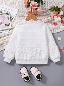 SHEIN Girls' Jacquard Plaid & Fleece Patchwork Pullover Sweatshirt - White - View 2