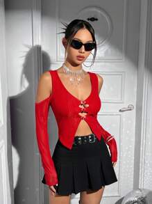 SHEIN ICON 挖肩前鏤空不對稱下擺T恤 - 紅色 - 查看 3