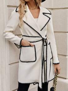 SHEIN Clasi 撞色滾邊雙口袋腰帶花呢外套 - 米色 - 查看 1