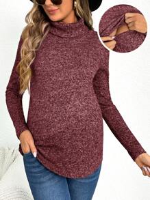 SHEIN Maternity Draped Collar Drawstring Detail Nursing Top - Burgundy - View 1