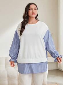 Mulvari Plus Striped Print Flounce Sleeve 2 In 1 Top