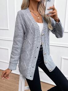 SHEIN LUNE Áo cardigan cài nút phía trước - Xám - Xem 6