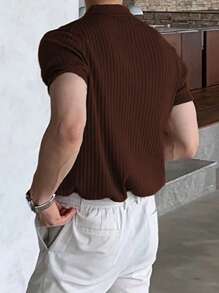 Camiseta de punto de manga corta de unicolor con textura, de estilo casual y elegante para hombres - Café integral - Ver 2