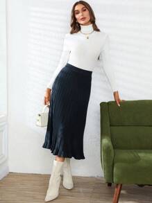 SHEIN Privé Solid Ruffle Hem Knit Skirt - Black - View 4