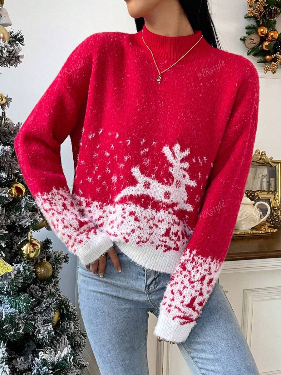 Christmas Pattern Mock Neck Drop Shoulder Sweater