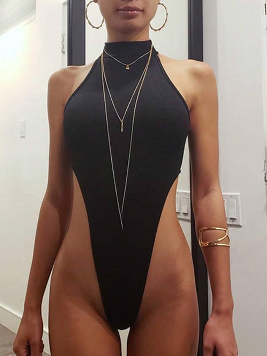 女士时尚性感纯色立领高开叉紧身衣 - 黑色 - 查看 1