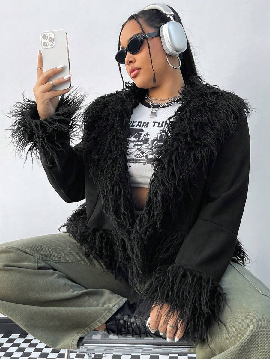 SHEIN Coolane Hơn Trang trí Fuzzy Mở Mặt trước Áo khoác - màu đen - Xem 1