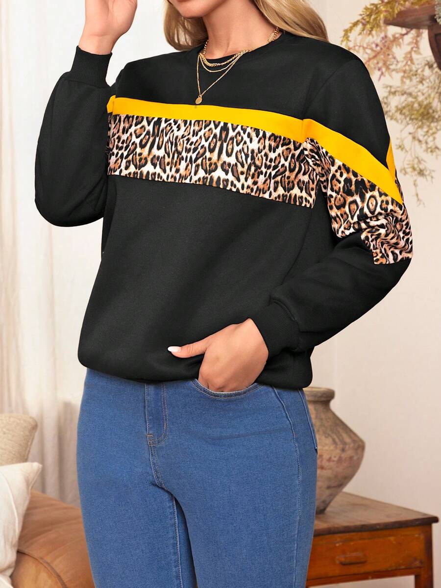 EMERY ROSE Leopard Print Colorblock Sweatshirt - Multicolor - View 1