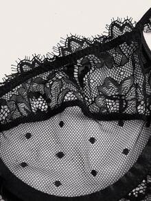 PetitDoll Lace Ruffle Trim Bra And Thong Set With Bow Decorations, Lingerie Bow Tie - Black - View 8