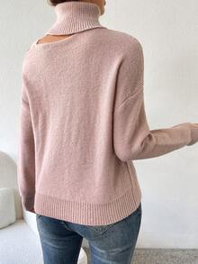 SHEIN Essnce Áo len nữ Cắt ra Gân đan màu trơn Giải trí - Bụi hồng - Xem 2