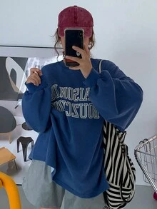 DAZY Letter Print Drop Shoulder Sweatshirt - Royal Blue - View 6