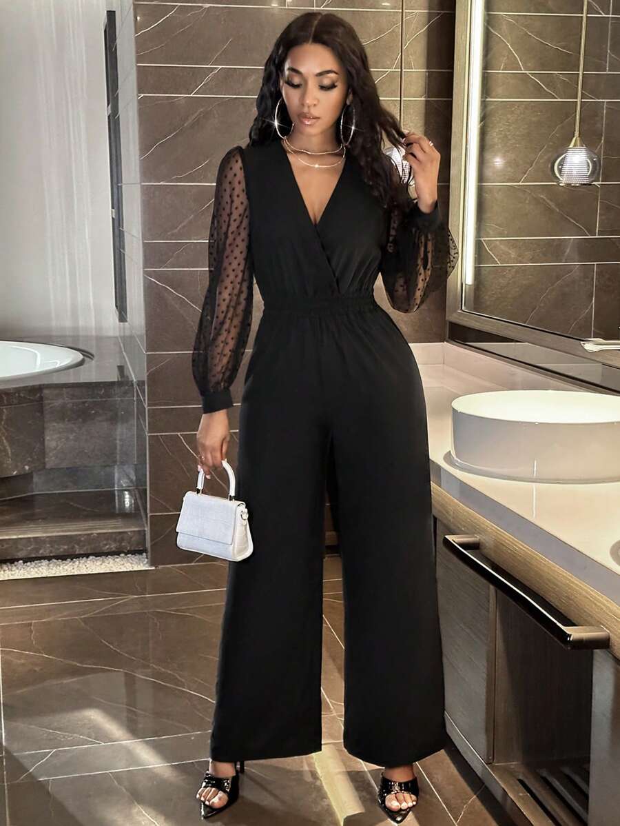 Zolique 網紗拼接燈籠袖闊腿連體褲 - 黑色 - 查看 1