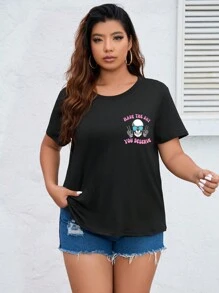 SHEIN EZwear Hơn Sọ & Đồ họa Khẩu hiệu Áo thun - màu đen - Xem 4