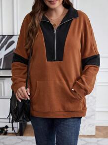 SHEIN LUNE Women'S Plus Size Color Block Half Zipper Sweatshirt - Brown - View 4