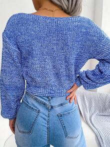 Autumn Winter New Cropped Street Style Crossed V-neck Pullover Sweater With Long Sleeves - Blue - View 2