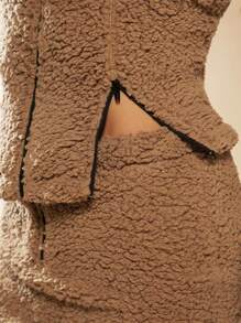 Hauture Zip Up Teddy Tube Top & Skirt Two Piece Set - Camel - View 4