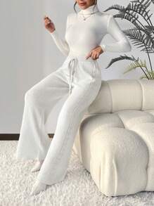 Chiquease Drawstring Waist Wide Leg Knit Pants - White - View 6