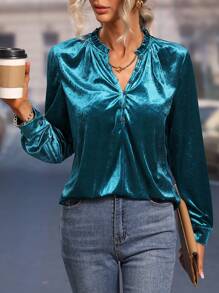 SHEIN Clasi 褶邊領半排扣絲絨襯衫 - 水鴨藍 - 查看 1