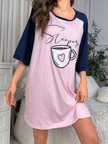 Cà phê & Đồ họa Chữ cái Tay Raglan Váy ngủ - Hồng - Xem 6