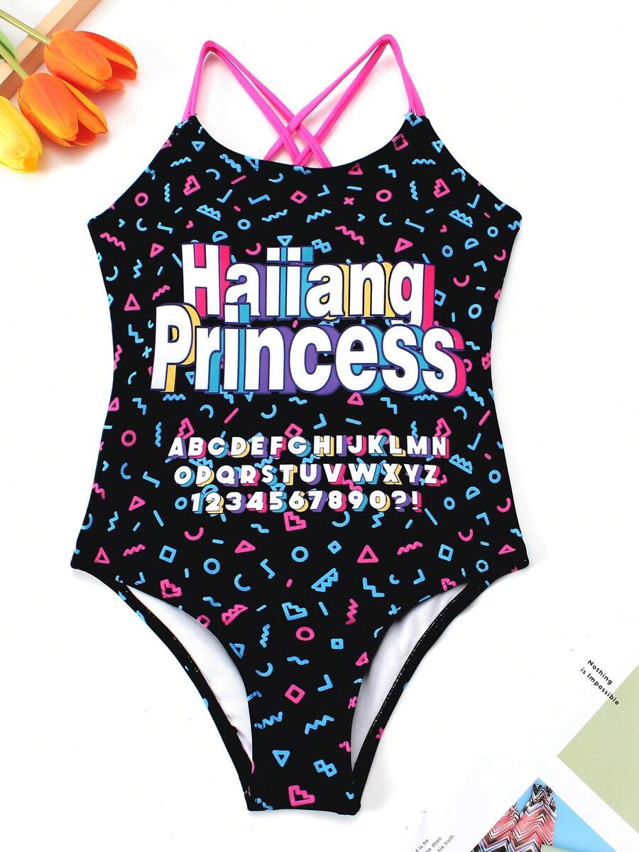 Đồ bơi một mảnh họa tiết chữ thập lưng cho bé gái tuổi teen - màu đen - Xem 1