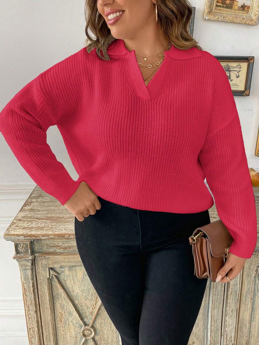 Calvaya 加大码落肩罗纹针织套头衫秋冬毛衣 - 紅色 - 查看 1