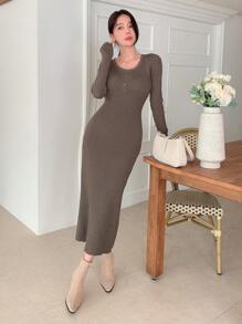 Dazy Star Vestido de punto unicolor tejido de canalé - Marrón - Ver 6