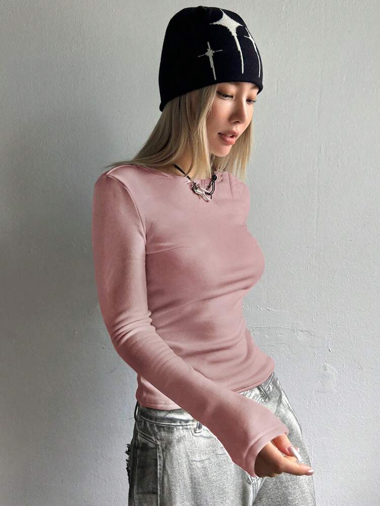 Solid Round Neck Thermal Tee Long Sleeve Women Tops,Thermal Lined Fall,Winter