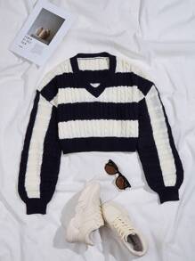 SHEIN ChicEase 双色绞花针织落肩套头衫秋冬毛衣 - 彩色 - 查看 1
