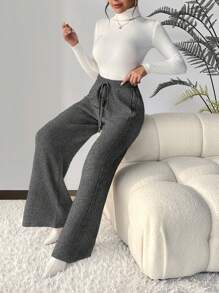 SHEIN Frenchy Drawstring Waist Wide Leg Knit Pants - Dark Grey - View 5
