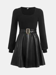 SHEIN 青少年女孩方領燈籠袖PU皮革洋裝不附腰帶 - 黑色 - 查看 3