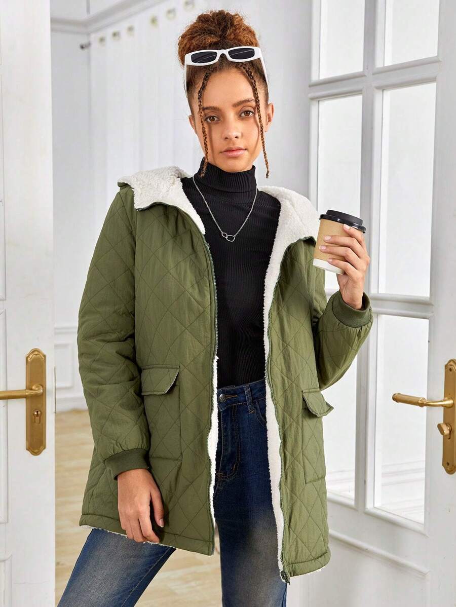 SHEIN Teen Girl Flap Pocket Teddy Lined Hooded Coat - Army Green - View 1