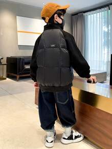 Tween Boy 1pc Letter Graphic Raglan Sleeve Zipper Padded Coat - Black - View 2