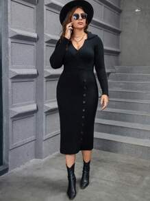 Flirla Hơn Nút phía trước Váy len bó sát - màu đen - Xem 3