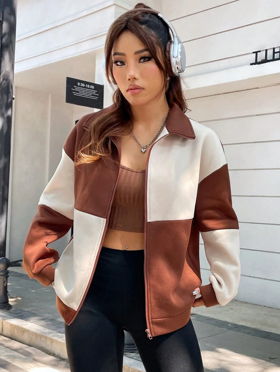 SHEIN Unity Khối màu Dây kéo Thả vai Áo nỉ - màu nâu - Xem 1