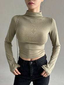 Dazy Star Cổ giả Viền ven Áo phông Crop - Màu Khaki - Xem 5