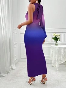 SHEIN Slayr 漸層小高領燈籠袖緊身洋裝 - 紫色 - 查看 2