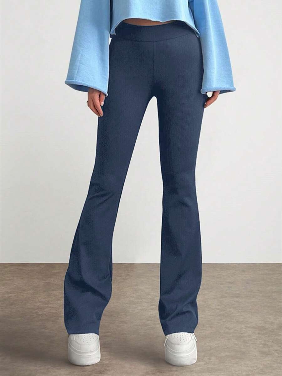 SHEIN Cottnline Solid Color Ribbed Knit Regular Pants - Teal Blue - View 1