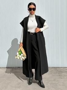 SHEIN Essnce 素色西裝領腰帶背心大衣 - 黑色 - 查看 5