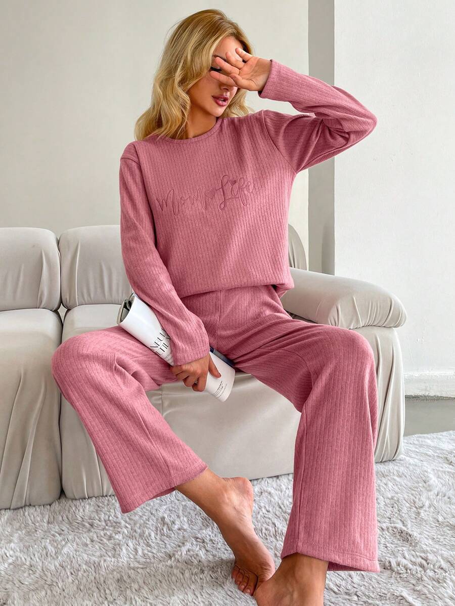 RueChic Text Printed Pajama Set - Pink - View 1