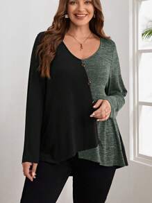 EMERY ROSE 女款大尺碼 V 領拼色 T 卹