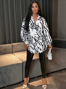 Zolique 印花落肩袖弧形下擺襯衫 - 黑與白 - 查看 4