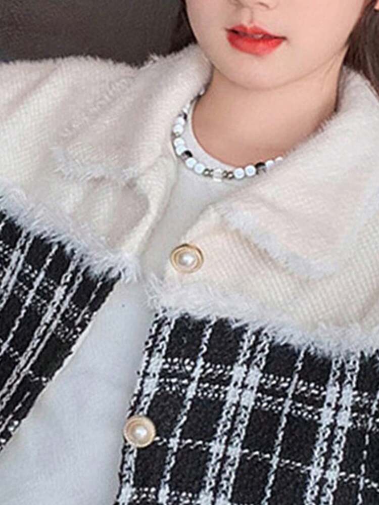 Tween Girl Contrast Fuzzy Trim Pocket Patched Plaid Tweed Overcoat