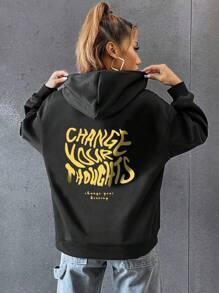 SHEIN Unity 女士休闲时尚街头口号印花落肩宽松连帽卫衣，适合日常通勤，秋冬季 - 黑色 - 查看 1