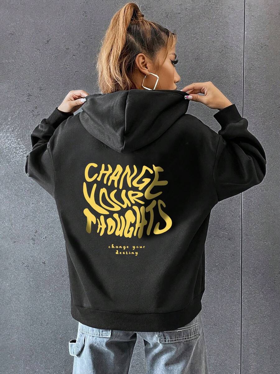 SHEIN Unity 女士休闲时尚街头口号印花落肩宽松连帽卫衣,适合日常通勤,秋冬季 - 黑色 - 查看 1