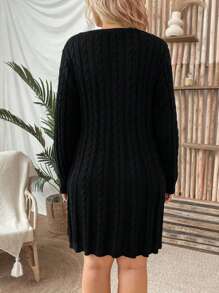SHEIN LUNE Plus Cable Knit Drop Shoulder Sweater Dress - Black - View 2