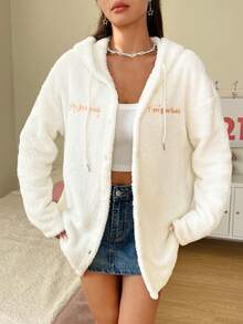 SHEIN Qutie Text Pattern Shearling Hooded Jacket - Beige - View 3